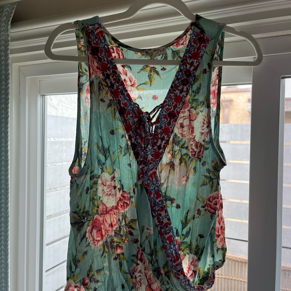 About A Girl Floral Lace-Up Blouse - Green and Red
